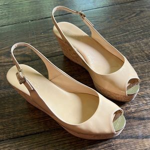 Jimmy Choo Beige Patent Cork Platform Sling Back 37.5